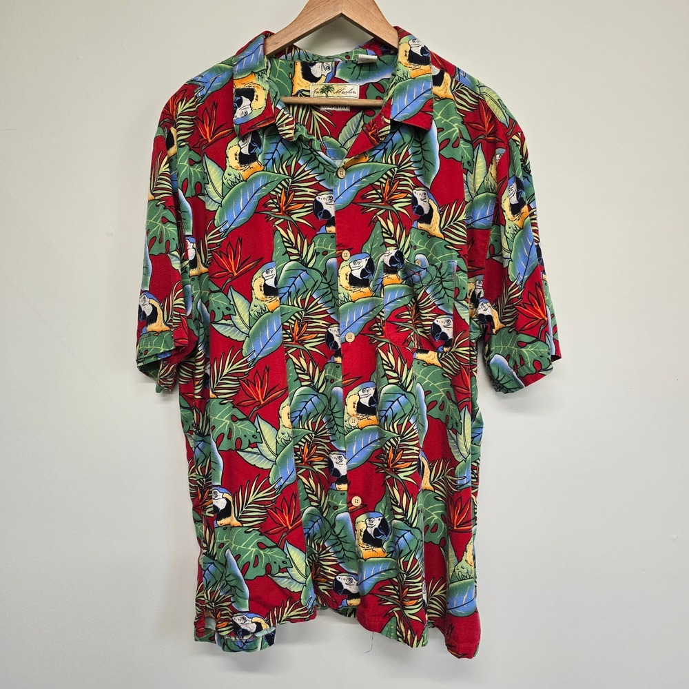 Joe Marlin Parrot Tropical Shirt Men XXL Red Short Sleeve Button Down Aloha Boho